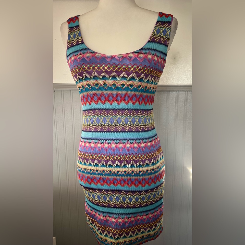 Reverse Colorful Tank Dress / Mini / Medium / Criss Cross Back / Fun 80’s Vibe